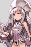  1girl bow chastity_belt expressionless grey_background hankuri hat iron_maiden_jeanne lock long_hair pink_eyes shaman_king sleeveless white_hair 