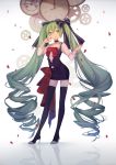  1girl absurdly_long_hair absurdres black_bow black_legwear black_skirt bow bowtie clock drill_hair full_body gradient gradient_background green_eyes green_hair hair_between_eyes hair_bow hatsune_miku high_heels highres holding long_hair miniskirt parted_lips pencil_skirt petals pumps red_bow shirt skirt slyvia solo standing thigh-highs twin_drills twintails very_long_hair vocaloid white_shirt zettai_ryouiki 