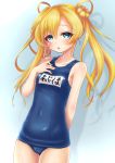  1girl absurdres abukuma_(kantai_collection) blonde_hair blue_background blue_eyes blue_swimsuit cowboy_shot double_bun flat_chest hair_rings hand_on_own_chest highres kantai_collection long_hair looking_at_viewer makura_(user_jpmm5733) name_tag school_swimsuit shadow solo swimsuit 