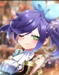  1girl :t artist_request blue_hair blush bow city crossed_arms durandal_(phantom_of_the_kill) green_eyes hair_bow neckerchief official_art phantom_of_the_kill ponytail pout star star-shaped_pupils symbol-shaped_pupils 