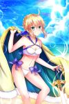  1girl ahoge artoria_pendragon_(all) artoria_pendragon_(swimsuit_archer) bikini blonde_hair blue_bow blue_sky bow breasts cleavage clouds day excalibur eyebrows_visible_through_hair fate/grand_order fate_(series) green_eyes hair_between_eyes hair_bow halterneck hand_on_hilt highres holding lens_flare medium_breasts navel ocean outdoors short_hair_with_long_locks sidelocks sky smile soda_(sodachuxd) solo standing swimsuit white_bikini yellow_cape 