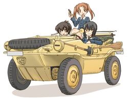  3girls bangs black_choker black_eyes black_hair blue_jacket brown_eyes brown_hair chips choker closed_mouth driving food girls_und_panzer ground_vehicle hair_ribbon holding holding_food jacket kadotani_anzu kawashima_momo koyama_yuzu long_hair long_sleeves looking_at_viewer military military_uniform military_vehicle miniskirt monocle motor_vehicle multiple_girls oar ooarai_military_uniform open_mouth parted_bangs pleated_skirt potato_chips ribbon riding schwimmwagen shadow short_hair short_ponytail shovel simple_background sitting skirt smile twintails uniform uona_telepin wheel white_background white_skirt 