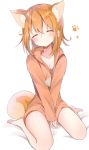  1girl ^_^ animal_ears arms_between_legs bare_legs barefoot between_legs braid brown_hair closed_eyes dog_ears dog_girl dog_tail extra_ears hand_between_legs highres himemiya_shuang hood hood_down hoodie long_sleeves medium_hair no_pants orange_hair original paw_background simple_background sitting smile tail wariza white_background 