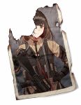  1girl alternate_costume alternate_hair_length alternate_hairstyle armor assault_rifle beige_shirt black_hair black_neckwear blonde_hair brown_eyes bulletproof_vest burn_mark closed_mouth collared_shirt damaged elbow_pads eyebrows_visible_through_hair girls_frontline gloves gun hand_on_hip head_tilt load_bearing_vest m16 m16a1 m16a1_(girls_frontline) multicolored_hair necktie photo_(object) rifle shirt short_hair silence_girl skirt smile solo tactical_clothes two-tone_hair uniform weapon 