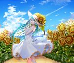  1girl :d black_ribbon blue_hair blue_sky clouds day dress floating_hair flower frilled_dress frills from_behind hair_between_eyes hat hat_ribbon hatsune_miku highres holding holding_flower long_hair miyo_(user_zdsp7735) open_mouth outdoors ribbon sky sleeveless sleeveless_dress smile solo standing summer sun_hat sundress sunflower twintails very_long_hair vocaloid white_dress white_hat yellow_eyes yellow_flower 