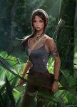  1girl absurdres arrow bandage bandaged_leg bare_shoulders blood bow_(weapon) breasts brown_eyes brown_hair bruise cleavage closed_mouth dirty highres holding holding_weapon injury jewelry jungle lara_croft leaf long_hair machete nature necklace outdoors qianyu_mo quiver red_lips sunlight tank_top tomb_raider tomb_raider_(reboot) torn_clothes tree watch weapon 