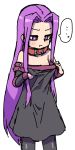  ... 1girl :t bangs belt_buckle belt_collar black_dress black_legwear blush buckle closed_mouth cosplay detached_sleeves dress etori fate/grand_order fate/stay_night fate_(series) forehead long_hair long_sleeves looking_away looking_down medusa_(fate)_(all) medusa_(lancer)_(fate) oversized_clothes pantyhose parted_bangs pout purple_hair red_collar rider rider_(cosplay) simple_background solo spoken_ellipsis strapless strapless_dress very_long_hair violet_eyes white_background 