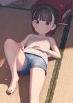  1girl backpack backpack_removed bag barefoot black_hair brown_eyes camisole custom_udon denim denim_shorts hand_on_own_stomach hand_on_own_thigh highres leg_up legs lying on_back on_floor original randoseru short_hair short_shorts shorts smile solo tat toes 