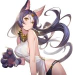  &gt;:( 1girl absurdres animal_ears back_cutout bangs bare_shoulders black_panties blue_hair breasts cat_ears cat_tail claws commentary_request fish_bone frown fur_collar gloves gradient_hair hair_between_eyes headpiece highres leaning_forward long_hair looking_at_viewer medium_breasts mouth_hold original panties paw_gloves paws shirt simple_background solo tail teffish underwear v-shaped_eyebrows very_long_hair white_background white_hair white_shirt yellow_eyes 