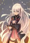  1girl absurdres ahoge breasts cleavage cleavage_cutout cowboy_shot eyebrows_visible_through_hair fate/grand_order fate_(series) floating_hair grey_background grey_eyes hair_between_eyes hair_ornament hand_on_hilt highres holding holding_sheath long_hair medium_breasts okita_souji_(alter)_(fate) okita_souji_(fate)_(all) sheath silver_hair simple_background sketch solo standing thigh_strap very_long_hair yu_kitsune 