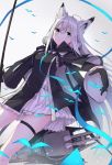  1girl absurdres ahoge animal_ears azur_lane black_cape black_gloves blush cape cat_ears dutch_angle expressionless eyebrows_visible_through_hair fur_trim gloves graphite_(medium) highres holding holding_sword holding_weapon kawakaze_(azur_lane) long_hair long_sleeves necktie neme1228 outstretched_arm pleated_skirt silver_hair skirt solo sword thigh_strap traditional_media turret very_long_hair weapon 