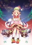  1girl :d apricot_(flower_knight_girl) bell black_bow black_hairband blonde_hair bow brown_eyes creature detached_sleeves dress flower_knight_girl frilled_hairband frills green_bow hair_bow hairband hat layered_dress mg_kurino open_mouth red_bow red_hat santa_hat shoe_bow shoes short_hair sitting smile solo 