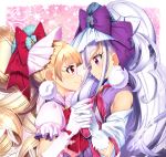  2girls aisaki_emiru bangs blonde_hair bow cure_amour cure_macherie eye_contact eyebrows_visible_through_hair gloves hair_bow hand_holding high_ponytail hugtto!_precure interlocked_fingers long_hair looking_at_another mad_(hazukiken) multiple_girls precure purple_bow red_bow red_eyes ruru_amour short_sleeves silver_hair smile sparkle upper_body very_long_hair violet_eyes white_feathers white_gloves 