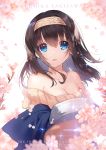  1girl apple_caramel black_hair blue_eyes blush book breasts cherry_blossoms cleavage hairband holding holding_book idolmaster idolmaster_cinderella_girls large_breasts long_hair looking_at_viewer off-shoulder_sweater off_shoulder ribbed_sweater sagisawa_fumika shawl sweater tearing_up 