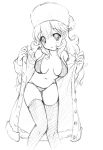  1girl breasts character_check commentary_request curly_hair dragon_quest dragon_quest_ii fur_hat hat kichijou_agata long_hair monochrome princess_of_moonbrook solo swimsuit swimsuit_under_clothes thigh-highs 