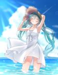  1girl armpits blue_hair blue_sky closed_eyes clouds day dress floating_hair grin hair_between_eyes hand_on_headwear hat hatsune_miku highres long_hair ocean outdoors see-through_silhouette sky sleeveless sleeveless_dress smile solo standing straw_hat summer sundress sunlight twintails very_long_hair vocaloid wading white_dress 