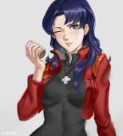  1girl absurdres artist_name blue_eyes blush breasts cross cross_necklace earrings highres jacket jewelry katsuragi_misato long_hair necklace neon_genesis_evangelion one_eye_closed open_clothes purple_hair ragecndy red_jacket smile solo upper_body 
