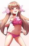  1girl alternate_costume bikini blush brown_hair bunny_hair_ornament eyebrows_visible_through_hair fang frilled_bikini frills gradient hair_ornament hayashi_keita highres long_hair looking_at_viewer natori_sana navel open_mouth pink_background pink_bikini red_eyes sana_channel smile solo standing swimsuit twintails virtual_youtuber white_background 