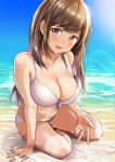  1girl bikini blush breasts brown_hair cleavage collarbone commentary_request front-tie_top large_breasts long_hair looking_at_viewer navel nishizawa open_mouth original partially_submerged sand sitting smile solo swimsuit violet_eyes water wet white_bikini yokozuwari 