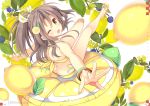  1girl bikini bracelet brown_eyes brown_hair food foreshortening from_behind fruit hair_ornament high_ponytail jewelry kantai_collection kawai_maria lemon light_brown_hair long_hair looking_at_viewer looking_back open_mouth outstretched_arms oversized_object ponytail sandals side-tie_bikini sitting smile solo swimsuit yellow_bikini zuihou_(kantai_collection) 