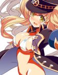  1girl 9law bangs blonde_hair breasts cleavage granblue_fantasy green_eyes hat large_breasts long_hair long_sleeves monica_weisswind navel open_mouth peaked_cap solo swimsuit twintails 