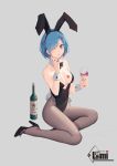  1girl alcohol animal_ears bare_shoulders black_legwear blue_eyes blue_hair bottle bow bowtie breasts bunnysuit cleavage cup detached_collar drinking_glass hair_ornament hairclip high_heels looking_at_viewer one_eye_closed pantyhose rabbit_ears re:zero_kara_hajimeru_isekai_seikatsu rem_(re:zero) sitting smile solo soulkiller wine wine_glass yokozuwari 