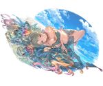  1girl antenna_hair bangs bare_shoulders barefoot bikini blue_sky blush breasts choker cleavage clouds crystal day de_la_fille earrings granblue_fantasy green_eyes green_hair hair_ornament jewelry large_breasts long_hair looking_at_viewer lying minaba_hideo multicolored_hair navel ocean official_art outdoors parted_lips ring sky solo swimsuit transparent_background twintails water wet 