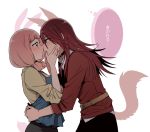  2girls animal_ears bang_dream! bangs belt black_collar blush bunny_tail eye_contact face-to-face from_side hands_on_another&#039;s_face hug long_hair long_sleeves looking_at_another low_twintails medium_hair multiple_girls open_mouth pink_hair rabbit_ears re_ghotion red_shirt redhead shirt sweatdrop tail translated twintails udagawa_tomoe uehara_himari white_background wolf_ears wolf_tail yellow_shirt yuri 