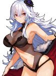  1girl armpits azur_lane bangs bare_shoulders black_flower black_swimsuit breasts cape cleavage closed_mouth flower fur-trimmed_cape fur_trim graf_zeppelin_(azur_lane) hair_between_eyes hair_flower hair_ornament highres large_breasts long_hair looking_at_viewer mephist-pheles navel one-piece_swimsuit red_cape red_eyes silver_hair swimsuit thighs very_long_hair waist white_background white_hair 