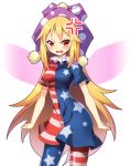  1girl american_flag_dress american_flag_legwear anger_vein angry blonde_hair blush breasts clenched_hands clownpiece commentary_request covered_navel cowboy_shot dress fairy_wings fang hat jester_cap long_hair neck_ruff open_mouth pantyhose polka_dot_hat pom_pom_(clothes) purple_hat red_eyes short_dress short_sleeves simple_background small_breasts solo standing star star_print striped striped_dress thighs touhou v-shaped_eyebrows very_long_hair white_background wings z.o.b 