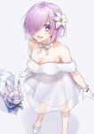  1girl :d breasts choker cleavage collarbone dress eyebrows_visible_through_hair fate/grand_order fate_(series) flower fou from_above gloves hair_flower hair_ornament hair_over_one_eye highres lily_(flower) looking_at_viewer mash_kyrielight medium_breasts open_mouth pumps purple_hair ribbon ribbon_choker see-through shiao short_dress short_hair simple_background sleeveless sleeveless_dress smile solo standing violet_eyes white_background white_dress white_flower white_footwear white_gloves white_ribbon 