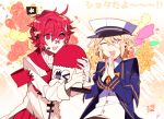  2boys bandage bandage_over_one_eye blonde_hair coat fukase hat hat_removed head_flag headwear_removed lowres male_focus multiple_boys oliver_(vocaloid) pale_skin red_eyes redhead sailor_collar sailor_hat smile top_hat uoshi_(uoshi777) upper_body vocaloid 