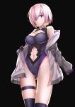  1girl black_background black_leotard closed_mouth cowboy_shot espada_gcon fate/grand_order fate_(series) gloves hair_over_one_eye highres jacket lavender_hair leotard looking_at_viewer mash_kyrielight navel_cutout short_hair simple_background solo sweat violet_eyes 