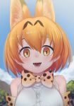  1girl :d animal_ears bangs bare_shoulders blue_sky blush bow bowtie clouds day extra_ears eyebrows_visible_through_hair fangs hair_between_eyes kemono_friends looking_at_viewer nyifu open_mouth orange_eyes orange_hair outdoors serval_(kemono_friends) serval_ears shirt short_hair sky sleeveless sleeveless_shirt smile solo teeth upper_body white_shirt 
