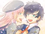  1boy 1girl bangs black_hair blue_eyes commentary_request couple darling_in_the_franxx eyebrows_visible_through_hair green_eyes grey_hat hands_on_another&#039;s_chest hat hetero hiro_(darling_in_the_franxx) long_hair long_sleeves looking_at_another military military_uniform necktie open_mouth peaked_cap petals pink_hair red_neckwear short_hair temaroppu_(ppp_10cc) uniform zero_two_(darling_in_the_franxx) 