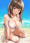  1girl bikini blush breasts brown_hair cleavage collarbone front-tie_top long_hair looking_at_viewer medium_breasts navel nishizawa open_mouth original partially_submerged sand sitting smile solo swimsuit violet_eyes water wet white_bikini yokozuwari 