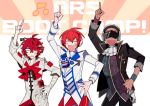  3boys arsloid bandage beamed_eighth_notes black_hair cravat cyber_songman dark_skin dark_skinned_male fukase hand_on_hip head_flag headphones jacket male_focus multiple_boys musical_note pants pointing pointing_up red_pants red_sclera redhead saturday_night_fever scar shaved_head smile sunglasses uoshi_(uoshi777) vocaloid wristband 