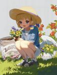  1girl angel angel_wings blonde_hair blue_eyes blush dirty_clothes flower garden great_kichi halo hat misty_sheikh open_mouth pointy_ears pop-up_story shoes short_hair smile sneakers sun_hat wings 