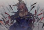  1girl animal_ears arrow bare_shoulders blood bloody_clothes breasts chocoan cleavage closed_eyes fate_(series) fox_ears fox_tail hurt japanese_clothes kimono pink_hair sad tail tamamo_(fate)_(all) tamamo_no_mae_(fate) 