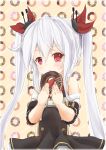  1girl azur_lane bangs bare_shoulders belt_buckle black_dress blush bow buckle commentary_request detached_collar detached_sleeves doughnut dress eyebrows_visible_through_hair fang food hair_between_eyes hair_ribbon hands_up highres holding holding_food long_hair looking_at_viewer maru_shion parted_lips red_bow red_eyes red_ribbon ribbon short_sleeves sidelocks silver_hair solo twintails vampire_(azur_lane) very_long_hair white_belt white_collar 
