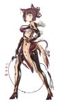  1girl animal_ears ass bangs blue_eyes blunt_bangs blush bodysuit breasts brown_hair cat_ears cat_tail character_name commentary double_bun eyebrows_visible_through_hair from_behind full_body glowing hand_on_hip high_heels highres holding_whip humanization khora_(warframe) large_breasts looking_at_viewer looking_back multicolored multicolored_bodysuit multicolored_clothes open_mouth personification pixel_(yuxian) purple_bodysuit shiny shiny_clothes shiny_hair short_hair simple_background solo standing tail warframe whip whisker_markings white_background 