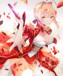  1girl ahoge blonde_hair braid breasts cleavage closed_mouth commentary dress fate/extra fate/grand_order fate_(series) french_braid green_eyes highres looking_at_viewer nero_claudius_(fate) nero_claudius_(fate)_(all) red_dress shengkong_(prank) short_hair solo sword weapon 
