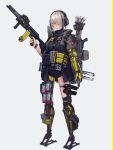  1girl assault_rifle commentary explosive grenade grey_hair gun highres kasagarasu knife magazine_(weapon) mecha_musume original prosthesis rifle short_hair solo weapon yellow_eyes 