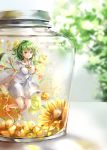  1girl alternate_costume alternate_hairstyle ankle_ribbon barefoot blurry blurry_background blush breasts collarbone commentary_request dress eyebrows_visible_through_hair flower frilled_shirt_collar frills green_hair hair_between_eyes hair_flower hair_ornament half_updo highres in_container jar kazami_yuuka large_breasts lens_flare looking_at_viewer minigirl puffy_short_sleeves puffy_sleeves red_eyes ribbon rose sailor_collar sailor_dress shironeko_yuuki short_hair short_sleeves smile solo sunflower thighs touhou white_dress yellow_flower yellow_neckwear yellow_ribbon yellow_rose 