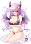  1girl bare_shoulders bat_wings bikini blush bow breast_hold breasts cleavage crescent crescent_hair_ornament demon_girl fang hair_bow hair_ornament highres large_breasts long_hair magic_circle navel no_hat no_headwear open_mouth osashin_(osada) patchouli_knowledge purple_hair solo star swimsuit tail touhou wings 
