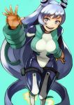  1girl 55level blue_eyes blue_hair bodysuit boku_no_hero_academia breasts gloves green_background hadou_nejire highres horns large_breasts long_hair looking_at_viewer open_mouth orange_gloves simple_background smile solo teeth very_long_hair 