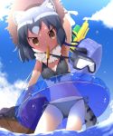  1girl animal_ears arm_up armpits bikini black_bikini black_hair blue_sky brown_eyes clouds commentary_request common_raccoon_(kemono_friends) day diving_mask food_in_mouth fur_collar grey_hair hat highres innertube kemono_friends looking_at_viewer makuran mouth_hold multicolored_hair navel outdoors raccoon_ears raccoon_tail short_hair side-tie_bikini sky solo straw_hat swimsuit tail wading water water_gun 