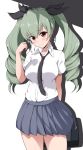  1girl alternate_costume anchovy arm_behind_back bag bangs black_neckwear black_ribbon blush closed_mouth commentary_request cowboy_shot dress_shirt drill_hair eyebrows_visible_through_hair frown girls_und_panzer green_hair grey_skirt hair_ribbon hand_in_hair head_tilt highres holding kirikan long_hair looking_at_viewer loose_necktie miniskirt necktie pleated_skirt red_eyes ribbon school_bag school_uniform shadow shirt short_sleeves simple_background skirt solo standing twin_drills twintails wavy_mouth white_background white_shirt wing_collar 