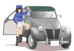  1girl andou_(girls_und_panzer) bc_freedom_(emblem) bc_freedom_military_uniform black_footwear black_hair blue_hat blue_jacket blue_vest boots brown_eyes car citroen_2cv closed_mouth commentary_request dark_skin dress_shirt emblem frown girls_und_panzer ground_vehicle hand_on_hip hat high_collar jacket knee_boots long_sleeves looking_at_viewer medium_hair messy_hair military military_hat military_uniform miniskirt motor_vehicle pleated_skirt shadow shako_cap shirt simple_background skirt solo standing uniform uona_telepin vest white_background white_shirt white_skirt 