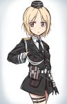  1girl :o aiguillette bangs belt_pouch black_gloves black_hat black_jacket black_neckwear blonde_hair commentary commentary_request cowboy_shot dress_shirt emblem english_commentary epaulettes fankupl garrison_cap german_clothes girls_frontline gloves grey_background hat highres iron_cross jacket looking_at_viewer military military_hat military_uniform mp40_(girls_frontline) necktie no_pants open_mouth pouch red_eyes shirt short_hair solo swept_bangs thigh_strap uniform white_shirt wing_collar 